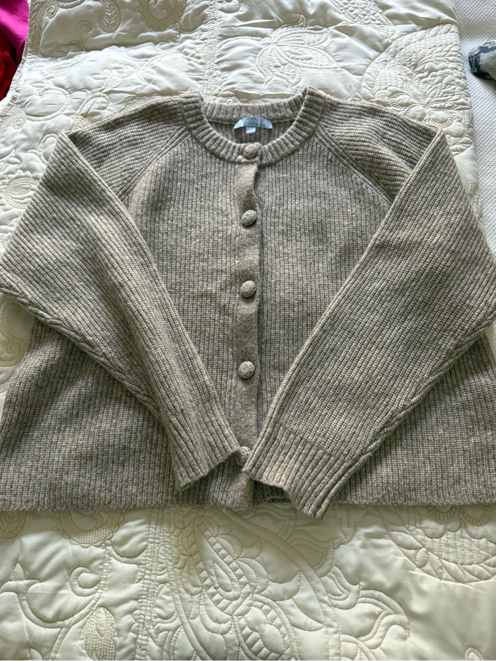 ANTONIO MELANI Neutral Ribbed Crewneck Button-Front Cardigan in Beige